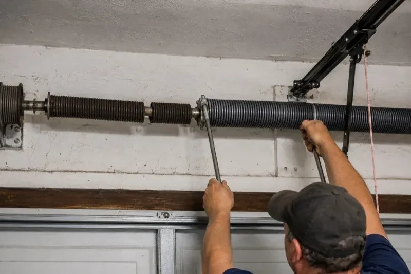 Person holding metal bars beside exposed coiled springs above a garage door. — Torsion Spring Replacement, London