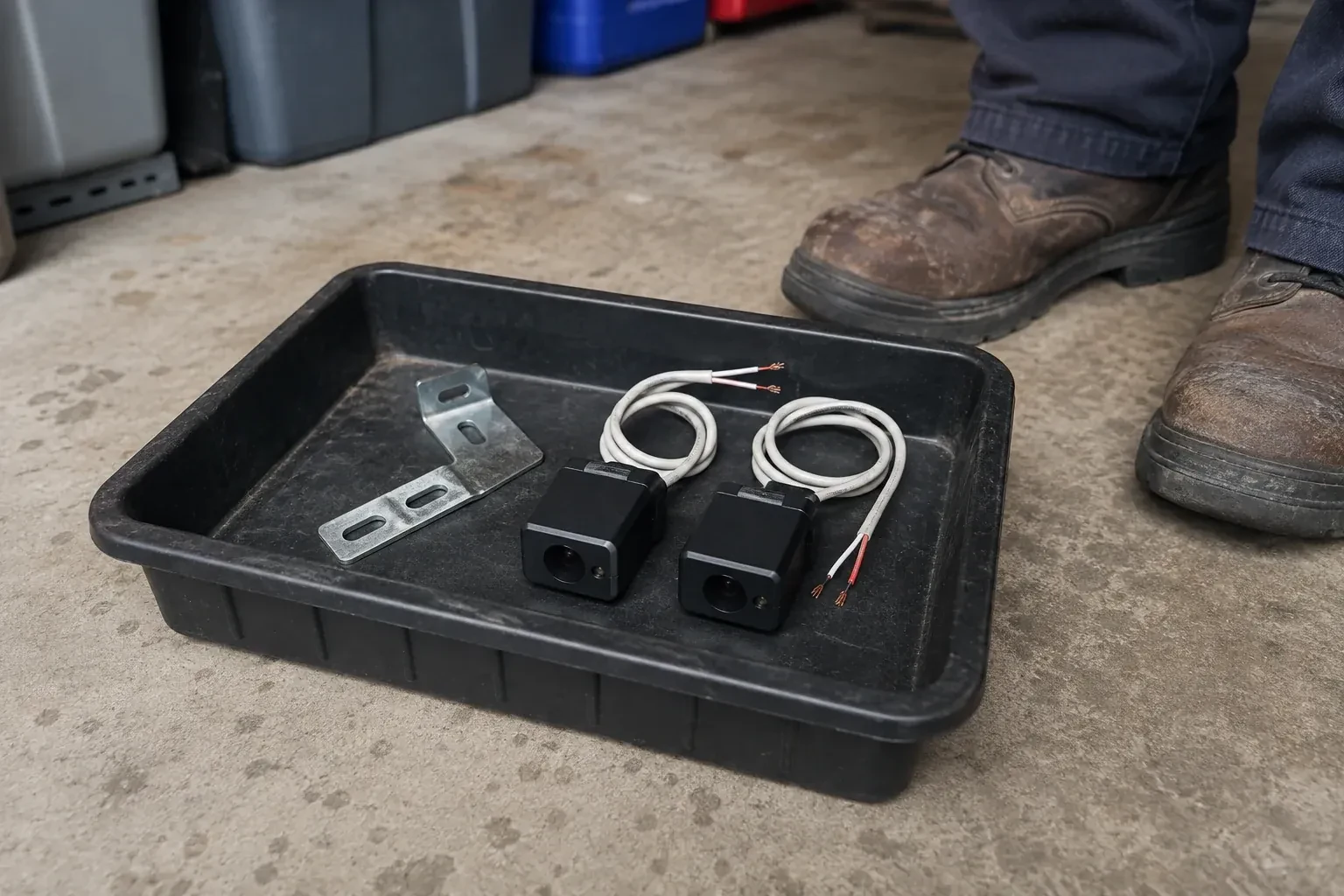 Two detached black sensors with recessed lenses and coiled wires lie in a tray beside a mounting bracket. — Photo-Eye Sensor Alignment or Replacement, London
