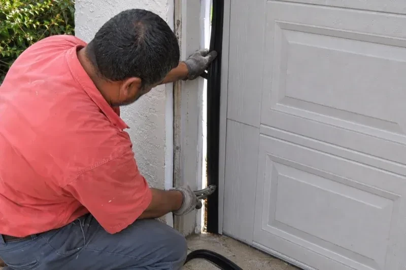 Gloved person holding a black strip along the side of a sectional garage-door opening — Garage Door Perimeter Weatherstrip, London