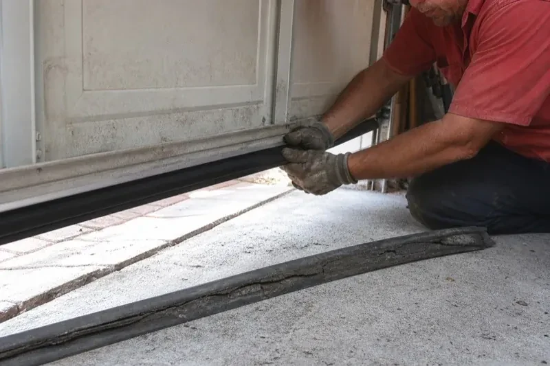 Person fitting a black strip along the bottom edge of a partly raised garage door, with a cracked strip lying on the floor. — Garage Door Bottom Seal Replacement, London