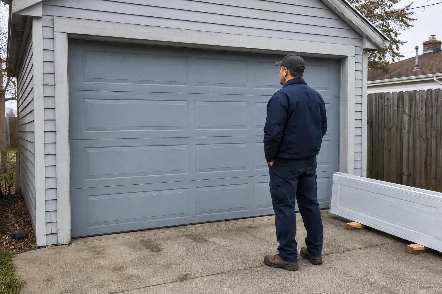 A person examines a blue-grey sectional garage door with a packaged door panel resting beside the driveway. — Sectional Garage Door Replacement, London