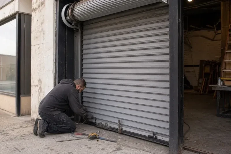 Person kneeling beside the bottom of a metal rolling door with tools on the ground — Commercial Rolling Door Repair, London