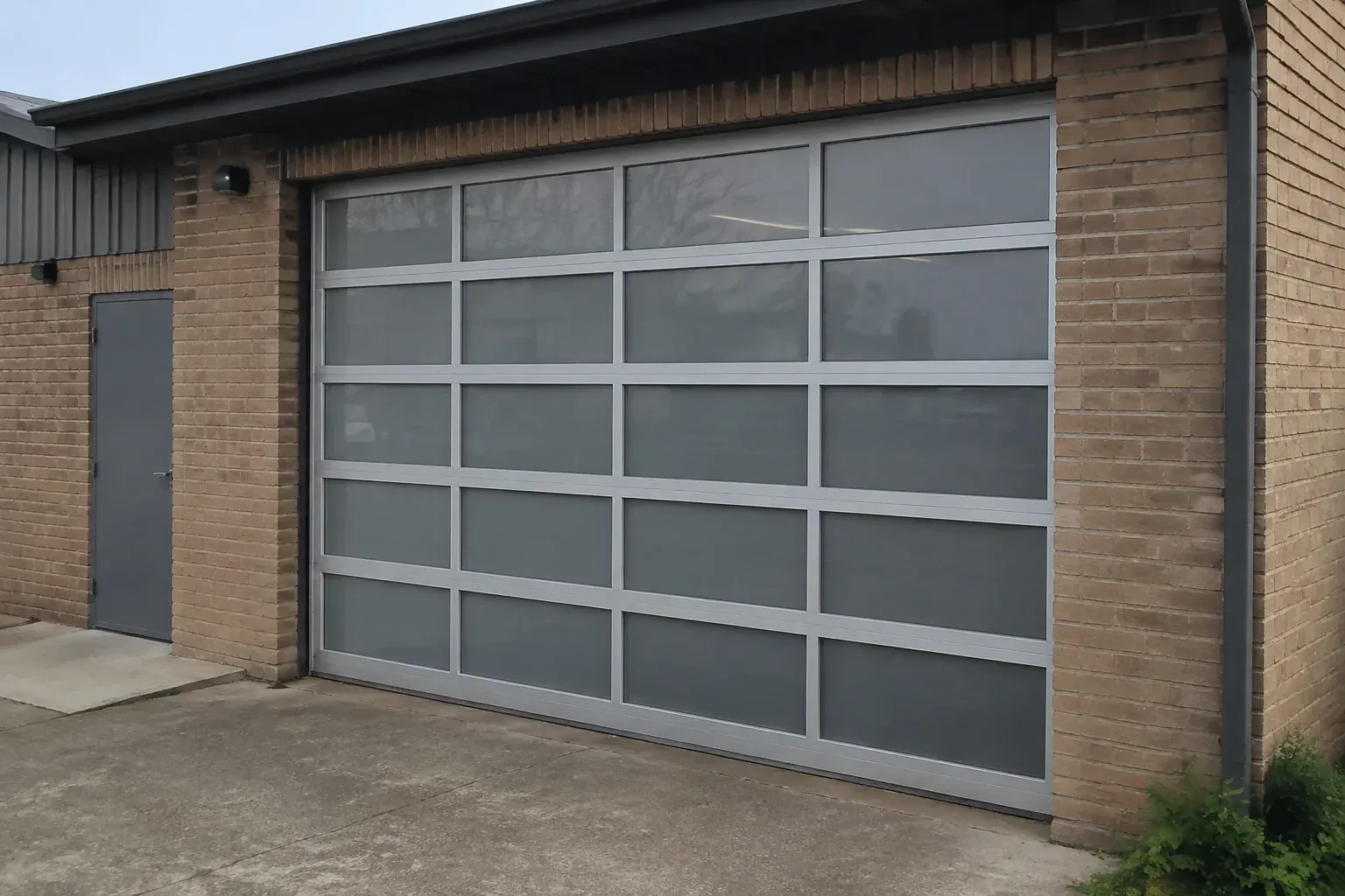 Closed glazed sectional door in a grey metal frame at a brick workshop. — Full-View Glass Garage Door Installation, London