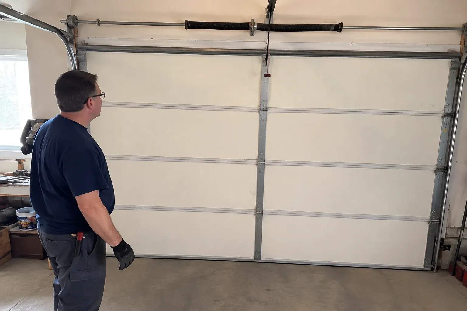 Person in a dark shirt standing before a closed cream sectional door, looking up at a coiled spring and red-tipped cord. — Off-Track Garage Door Reset, London