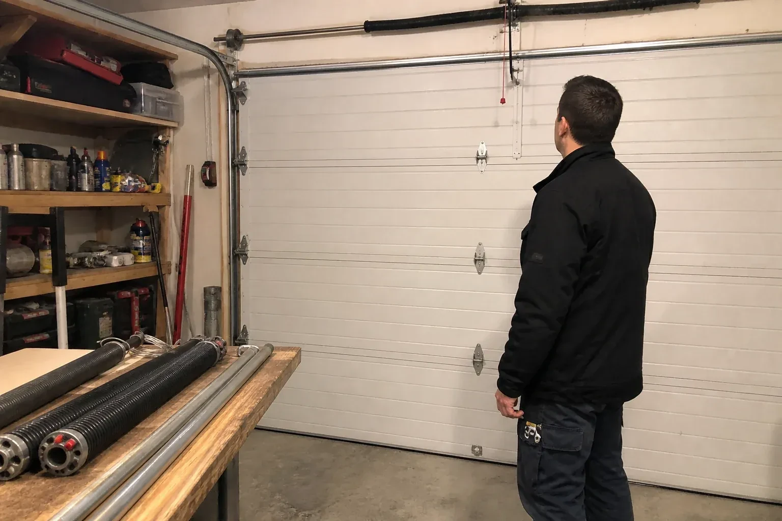 Person in a jacket facing a closed white sectional door, with coiled springs and steel tubes on a wooden bench. — Extension Spring Replacement, London