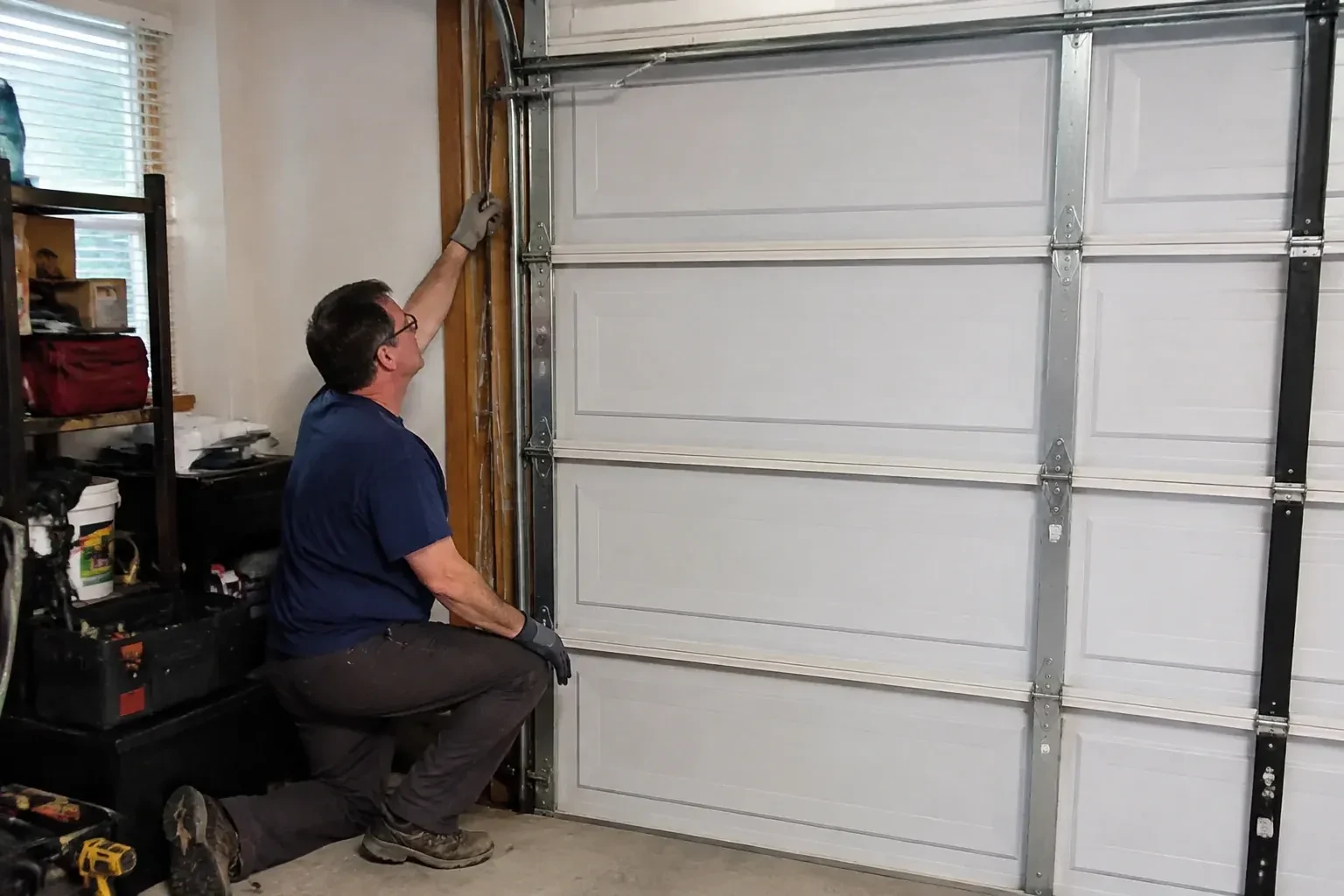 Person kneeling inside a garage reaching up along the vertical track of a white paneled door, with a toolbox and drill nearby. — Garage Door Cable Replacement, London