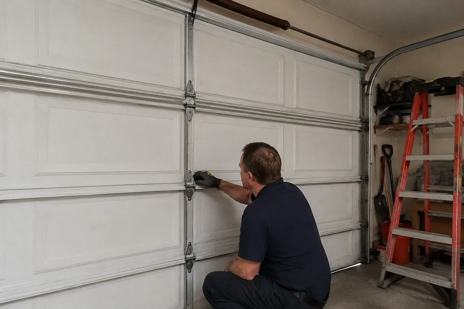 A person examines a central hinge joining two sections of a closed garage door. — Garage Door Hinge Replacement, London
