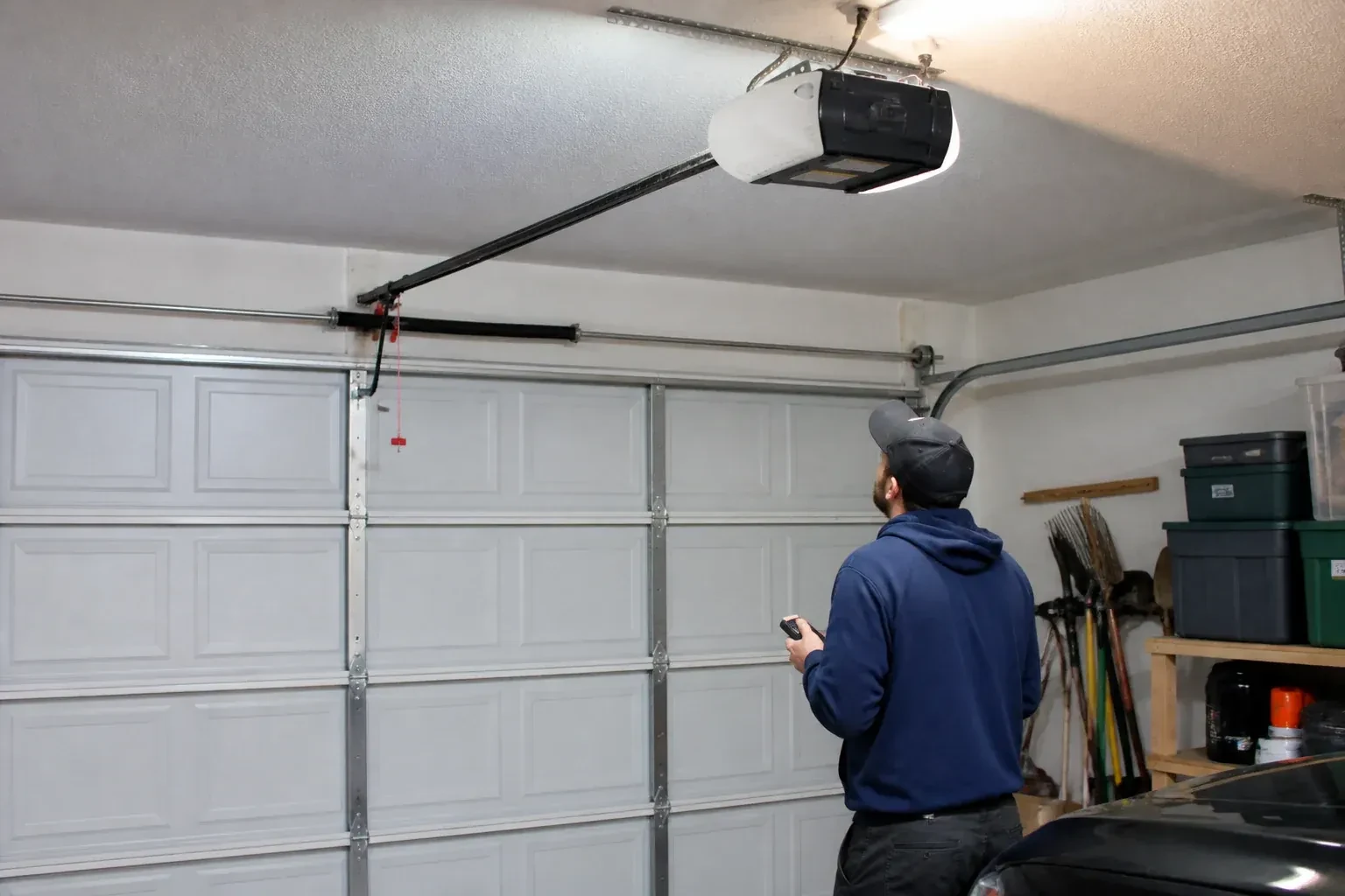 A person holding a remote looks toward an overhead garage-door opener and rail. — Garage Door Opener Diagnosis and Repair, London