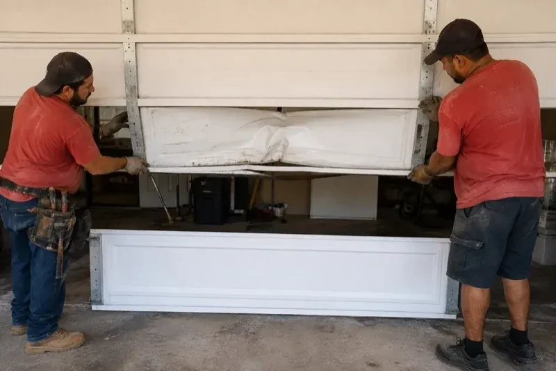 Two people holding a dented lower garage-door section above a separate white panel resting on the ground. — Garage Door Panel Replacement, London