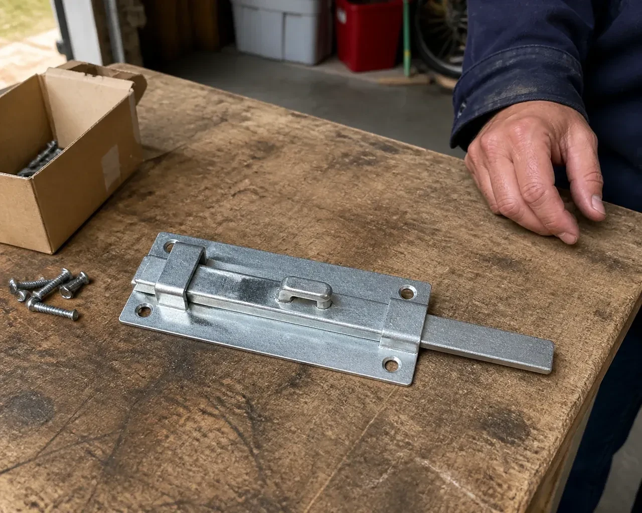 A detached metal slide bolt with mounting holes and retaining guides rests beside screws on a workbench. — Garage Door Manual Lock Repair, London