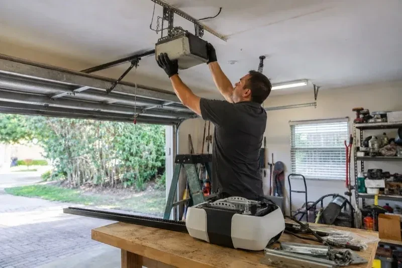 Person holding an overhead garage-door opener beside another opener and hardware on a workbench — Garage Door Opener Replacement, London
