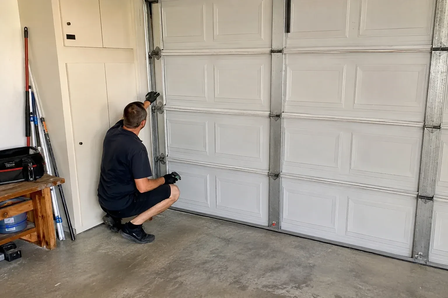 A person kneels beside the side track and hinges of a closed sectional garage door. — Garage Door Safety Inspection, London