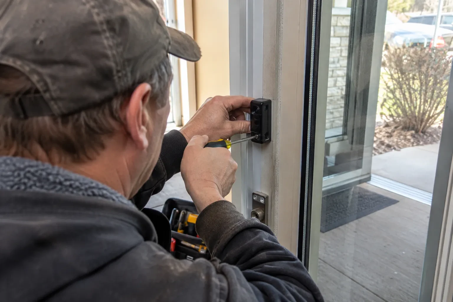 Technician in a cap fastening a small black plastic housing to a white frame beside a glass door, with a screwdriver.