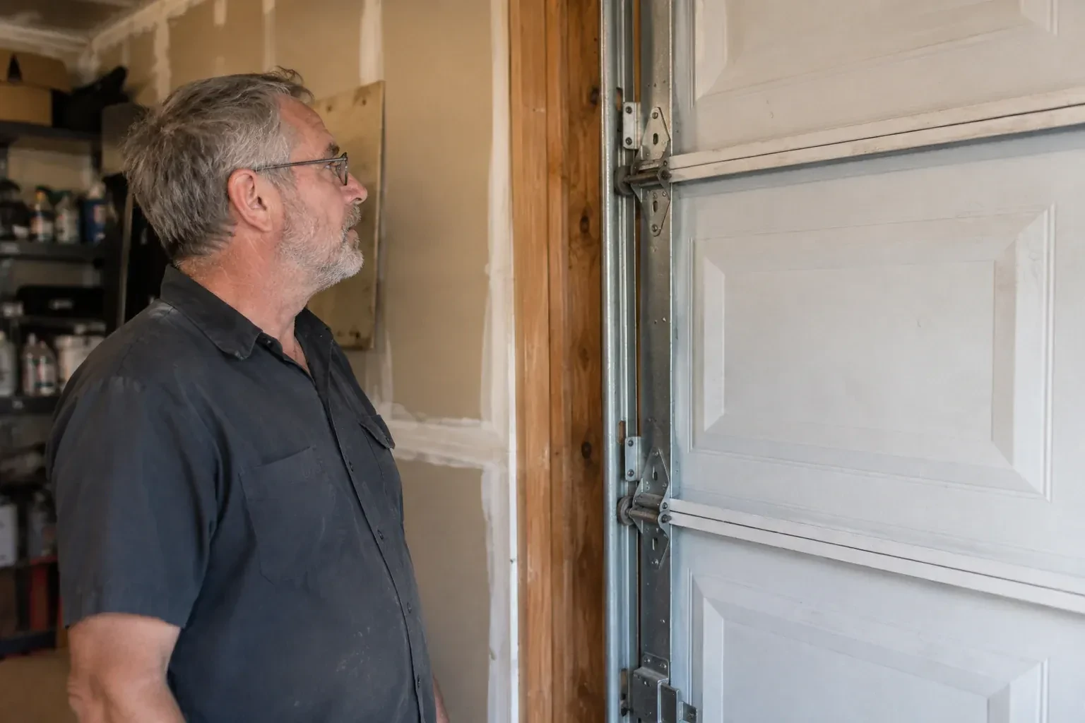 Technician looking at vertical garage door track and edge hinges. — Garage Door Track Repair or Replacement, London